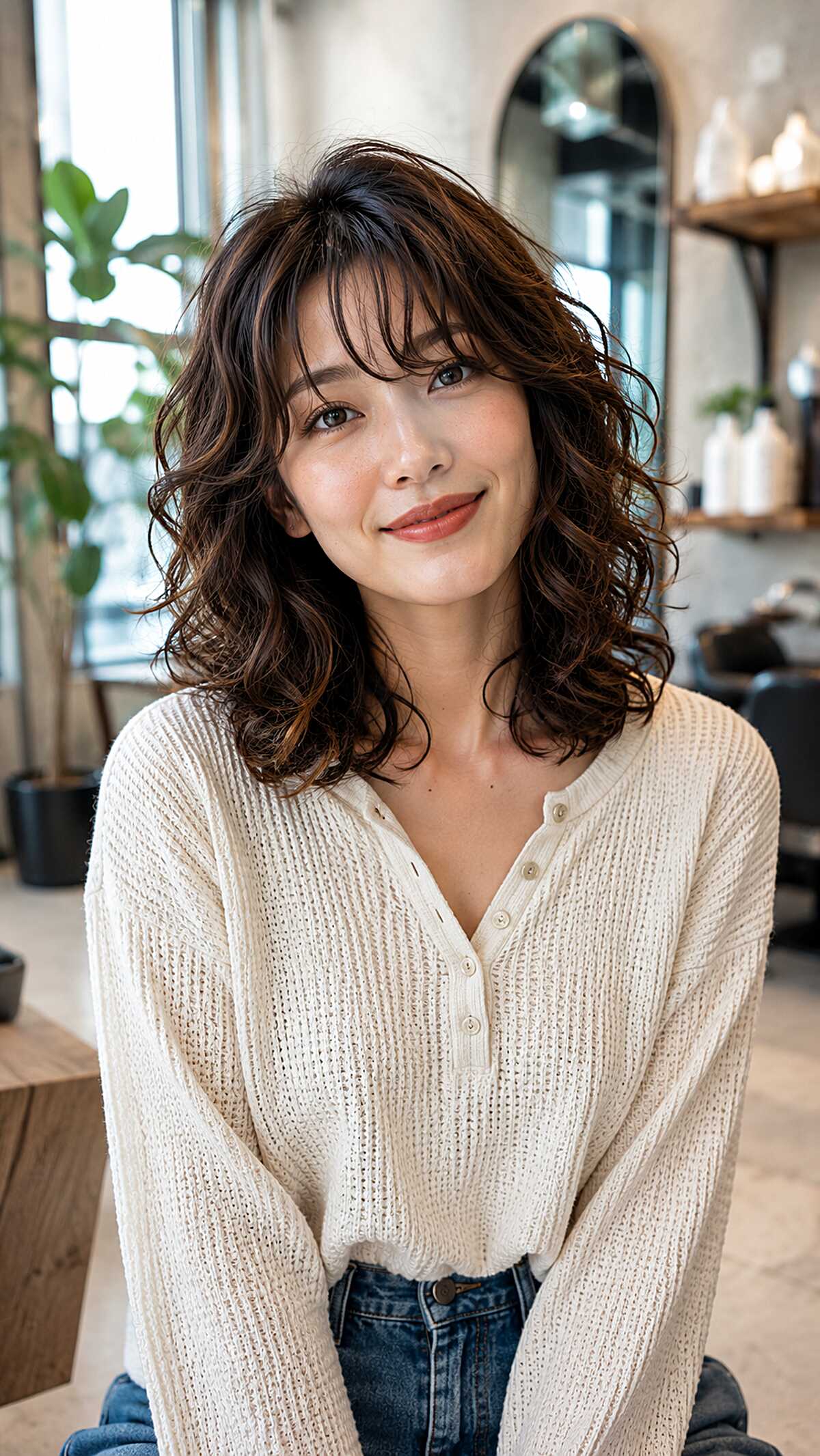 Curly dark brown midi shag with bouncy layers