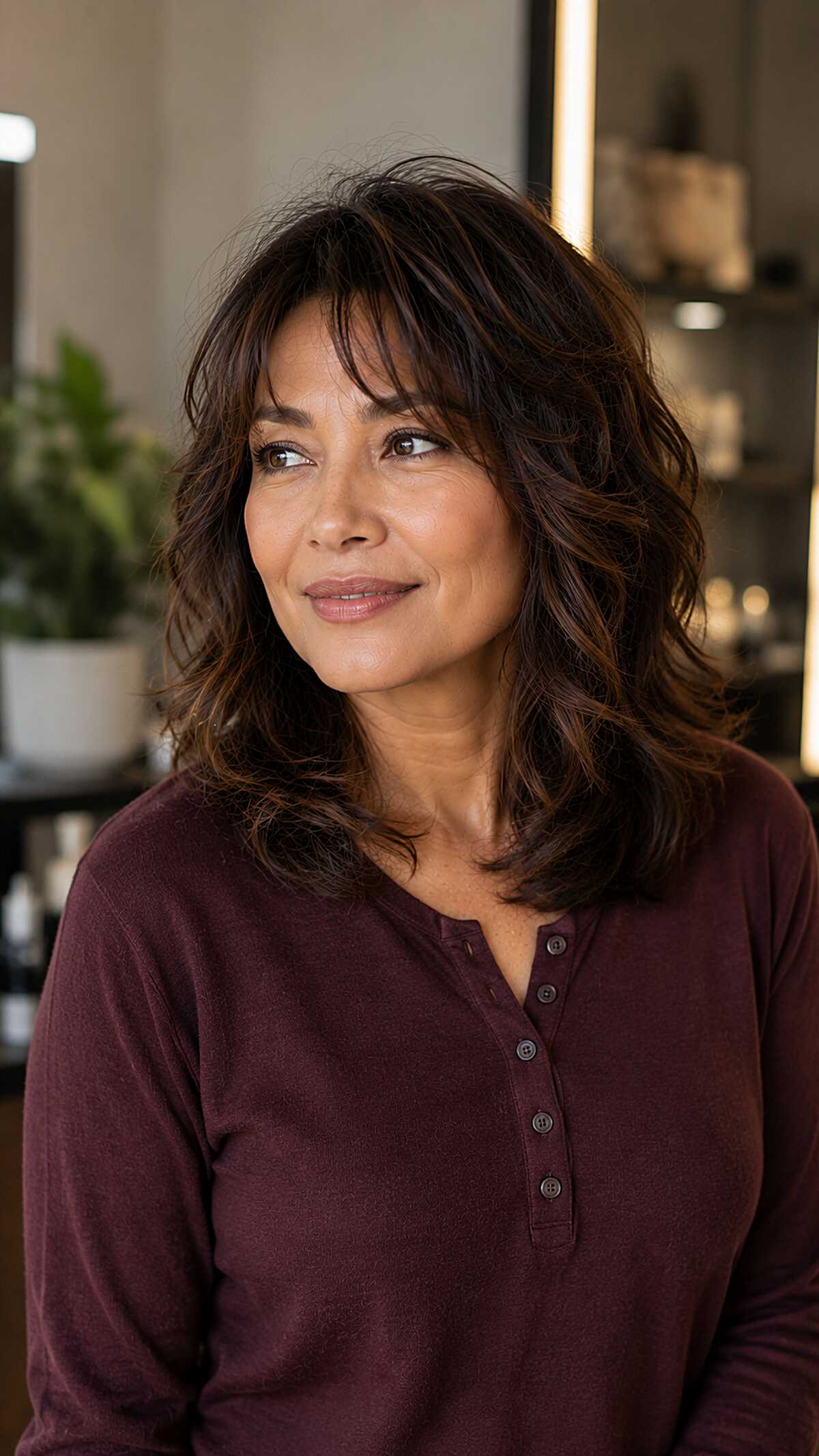 Dark chocolate wavy midi shag with soft bangs