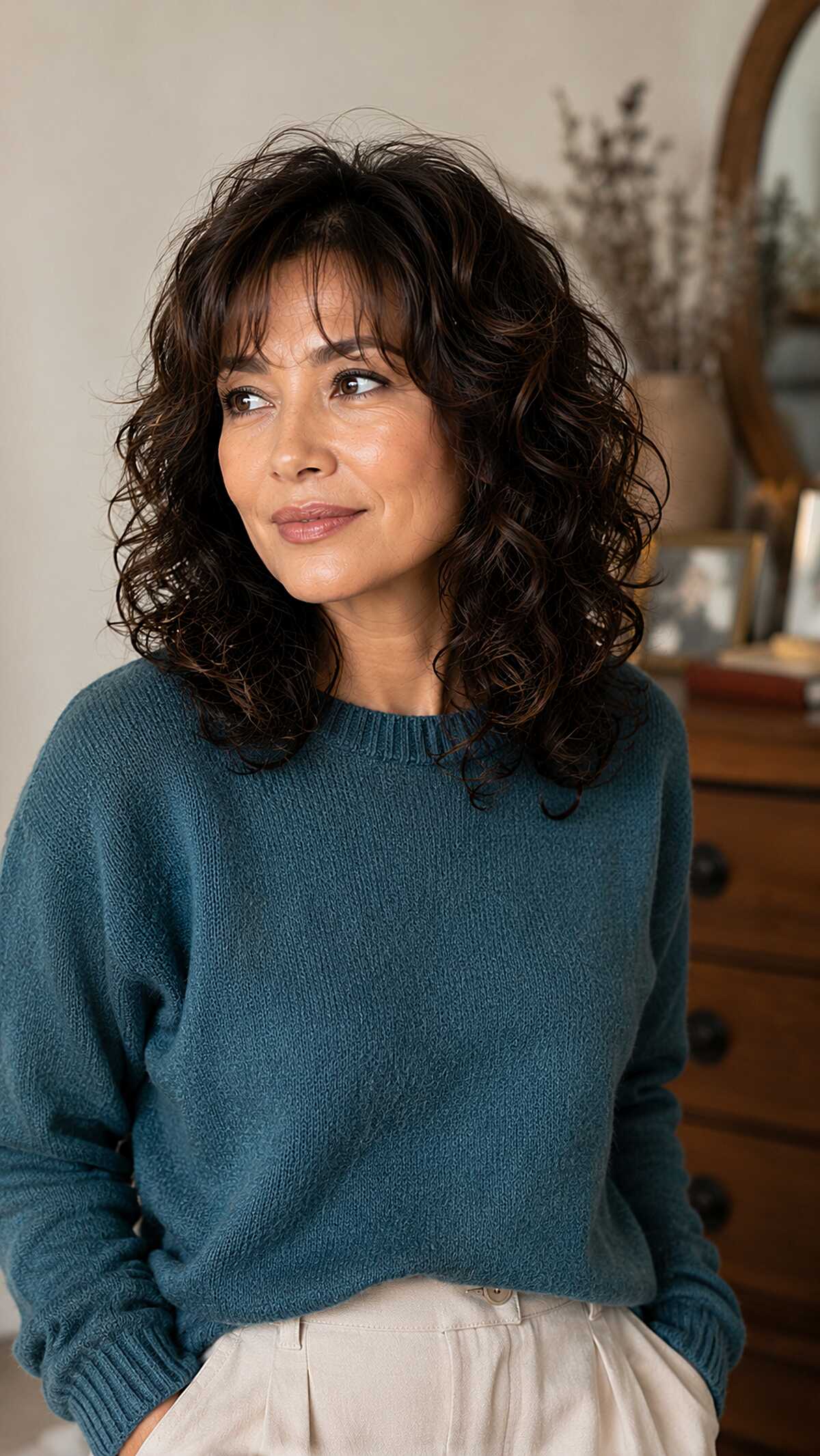 Dark curly midi shag with wispy curtain fringe