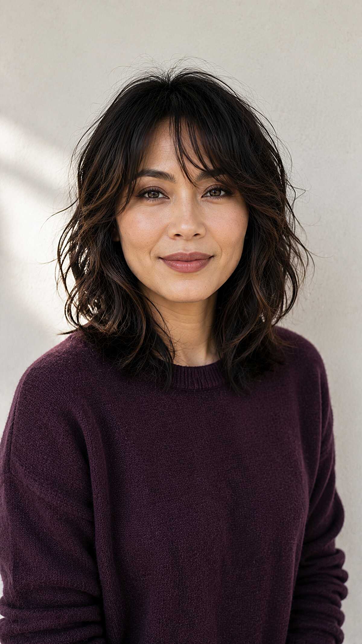 Dark wavy midi shag with piece-y bangs