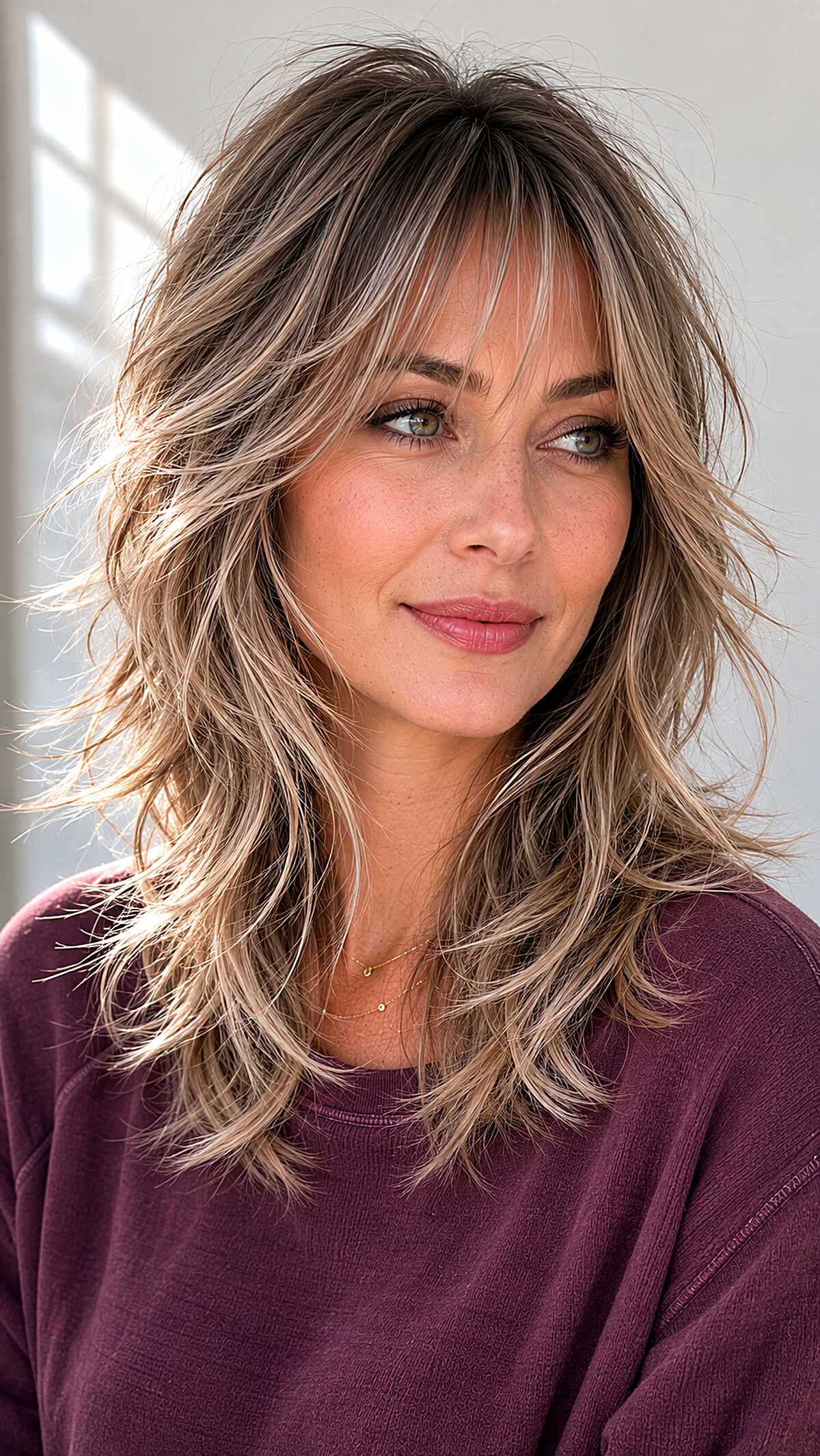 Dimensional blonde midi shag with lived-in layers