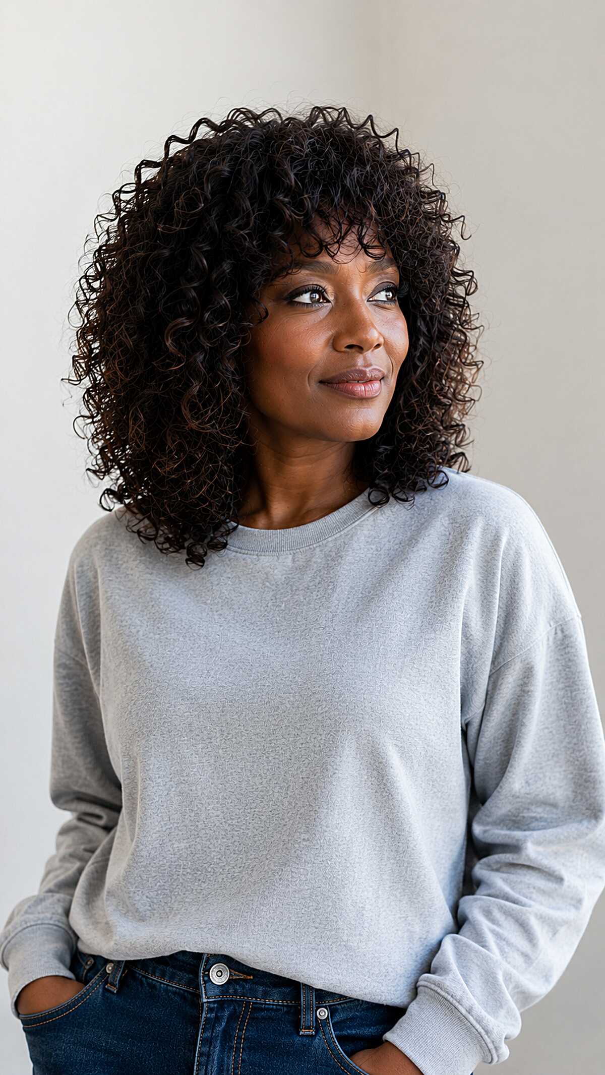 Full-volume natural curly midi shag with bangs