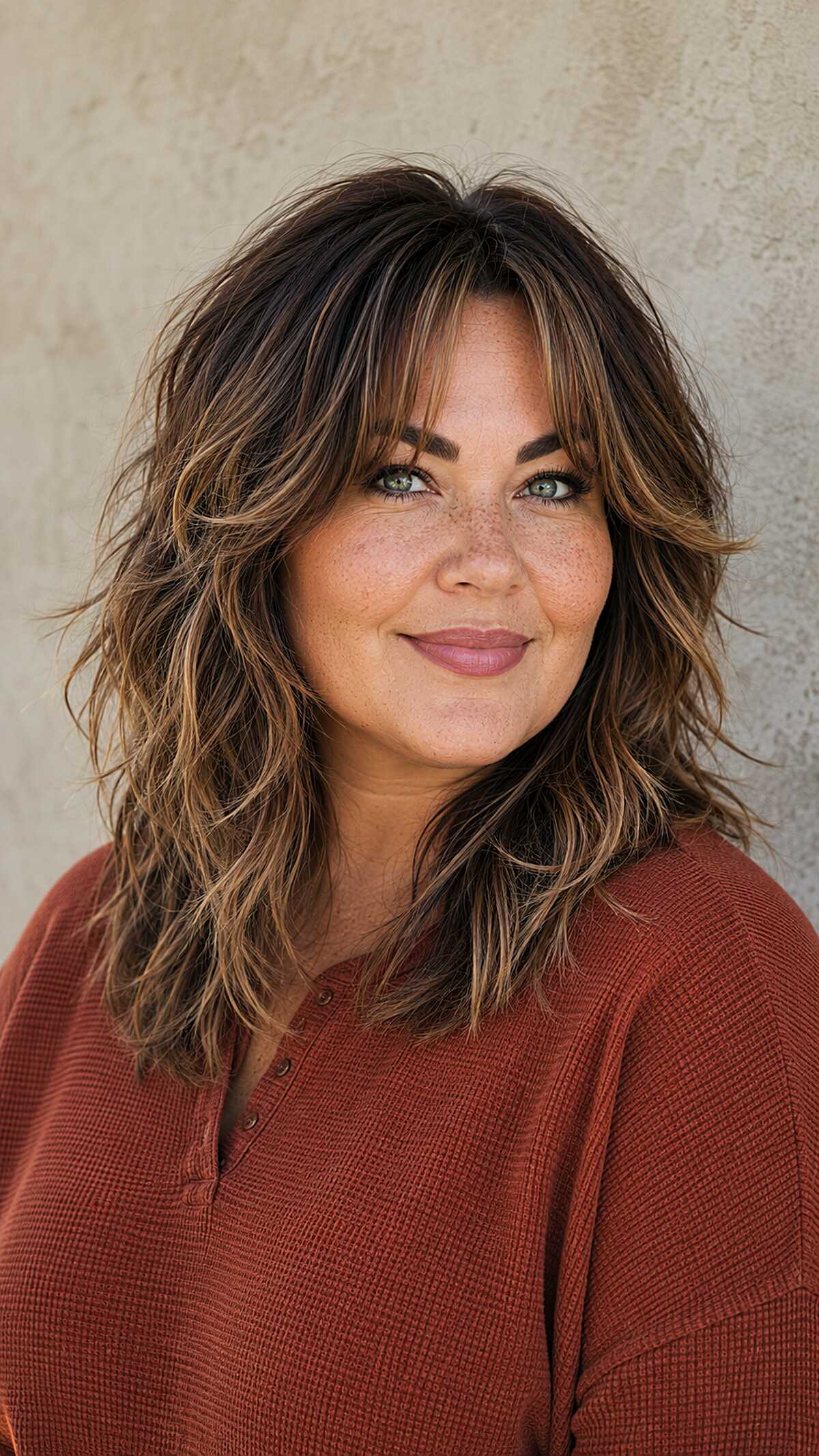 Highlighted wavy midi shag with textured bangs