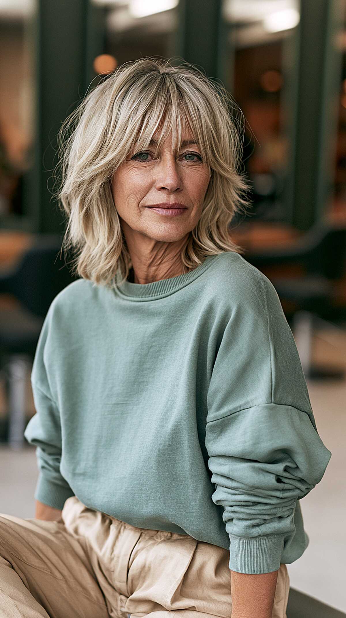 Honey blonde shaggy midi with beachy waves