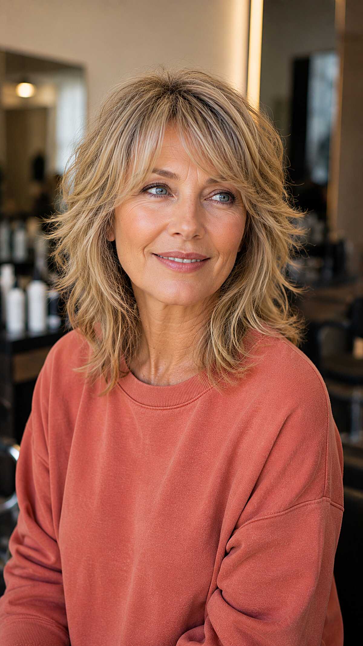 Sandy blonde feathered midi shag with flipped layers