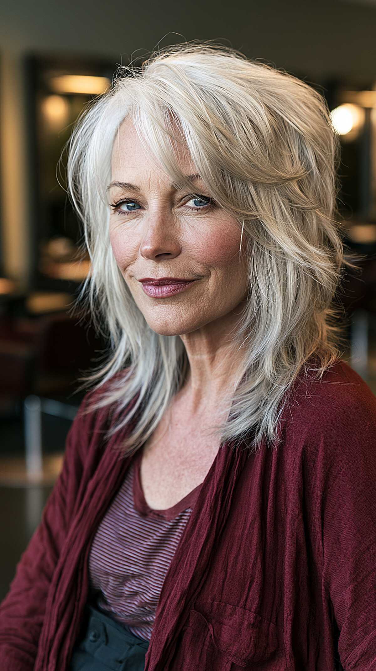 Silver layered midi shag with side-swept fringe