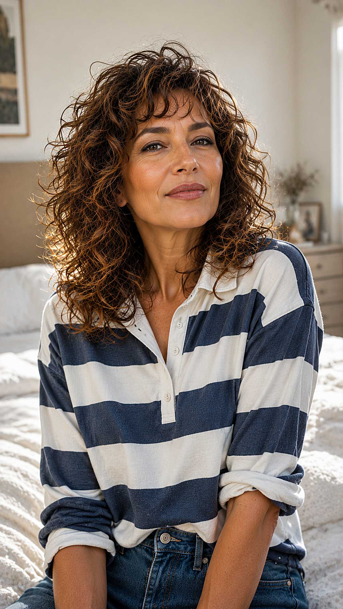 Tousled curly midi shag with warm brown undertones