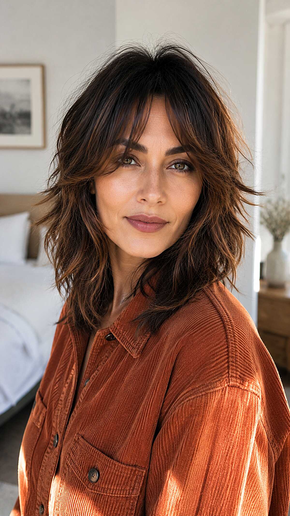 Tousled dark brunette midi shag with choppy movement