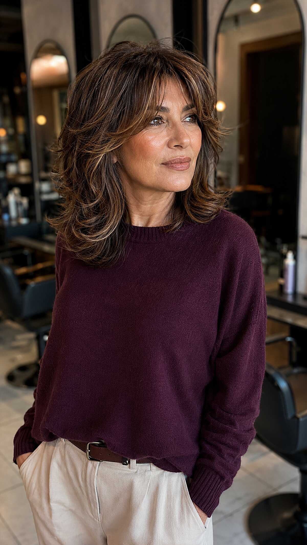 Voluminous brunette midi shag with highlighted layers