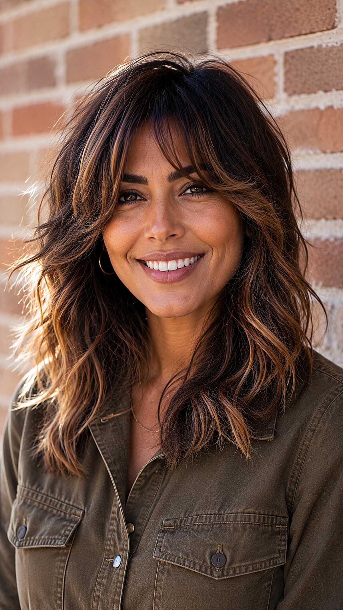 Warm brunette sun-lit midi shag with loose waves