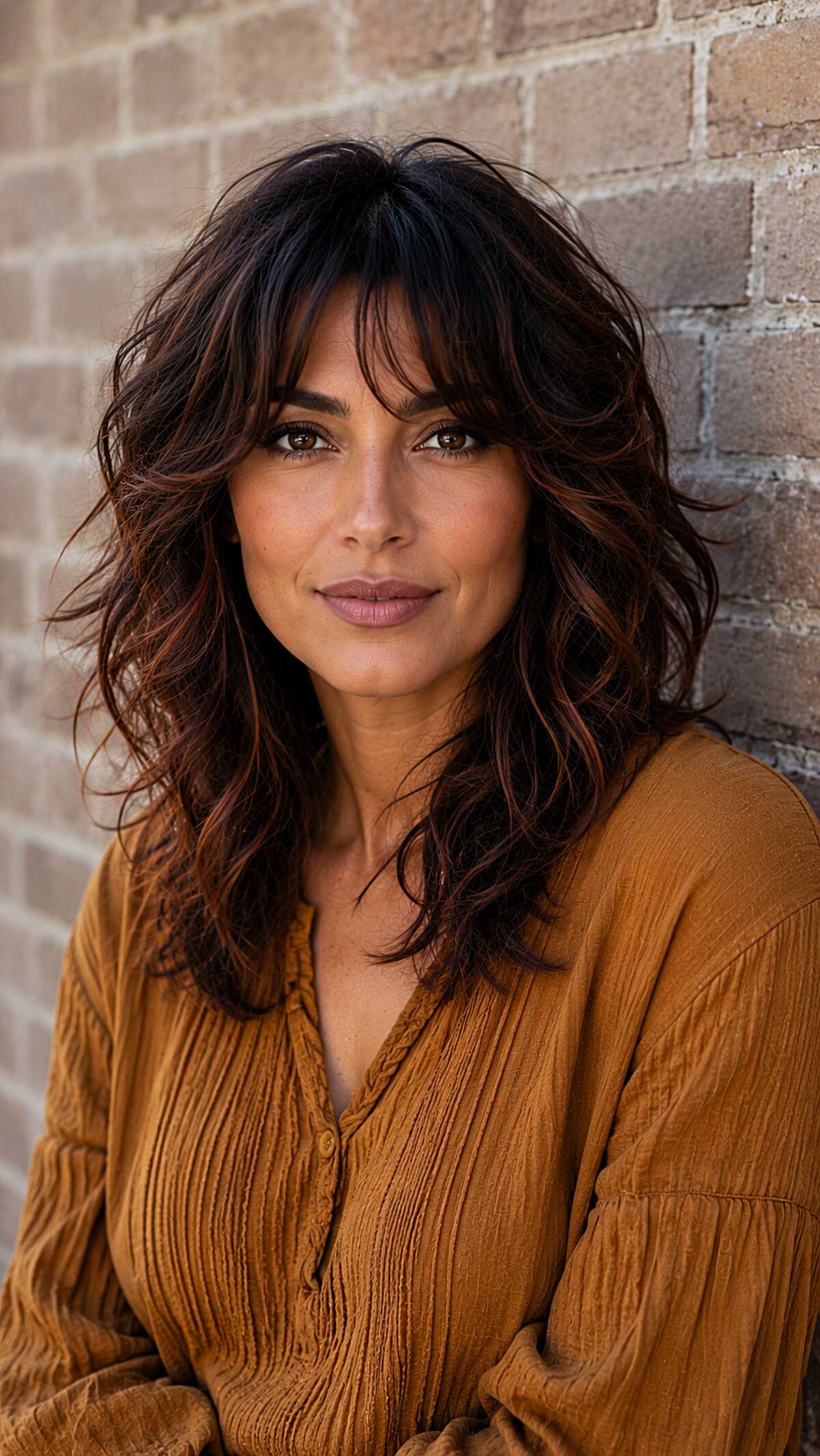 Warm cinnamon wavy midi shag with curtain bangs