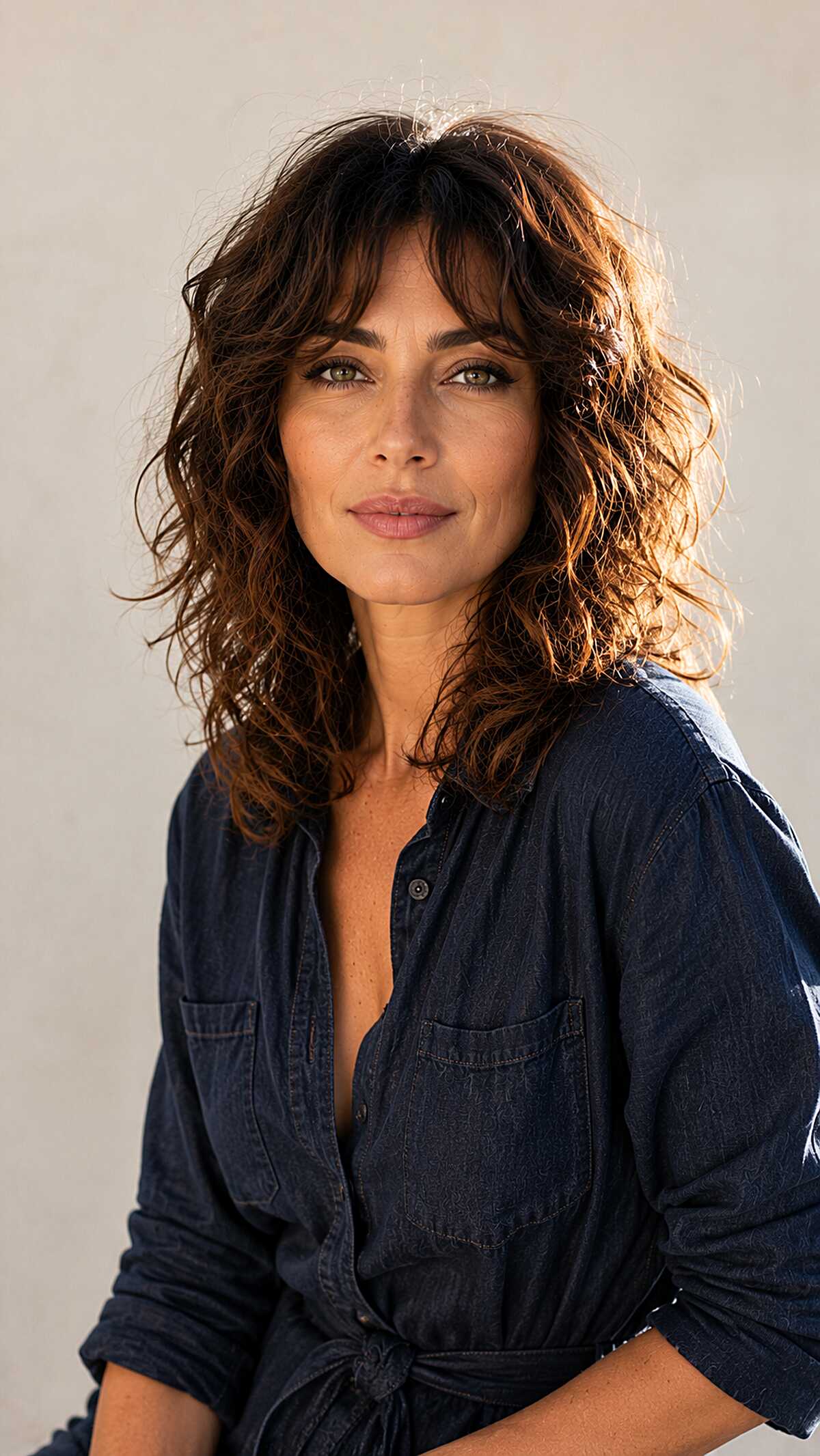 Wavy brunette midi shag with romantic tousled texture