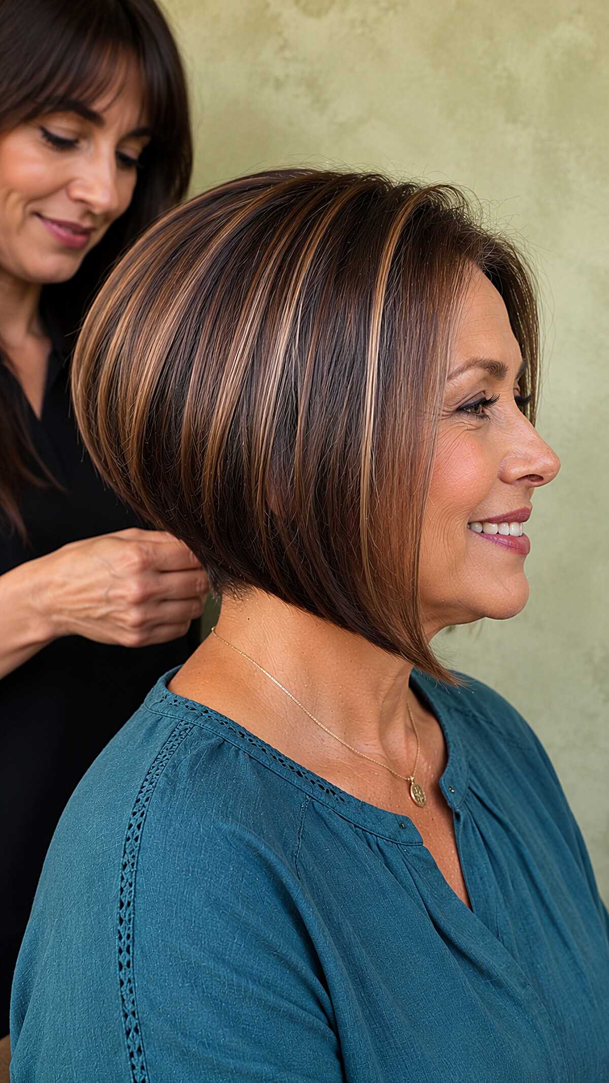 Caramel highlighted brunette angled bob being styled