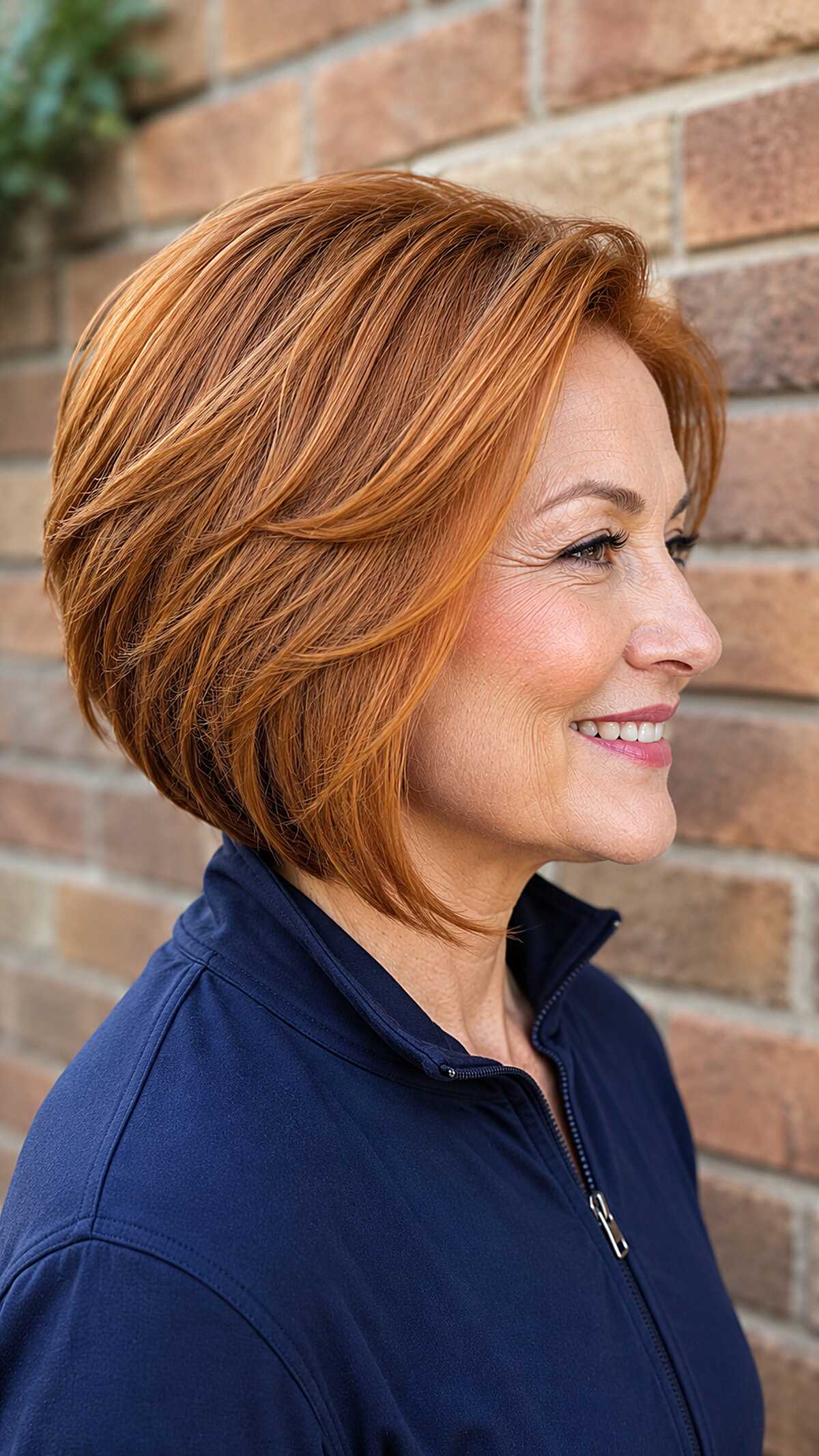 Copper red layered angled bob with feathered back