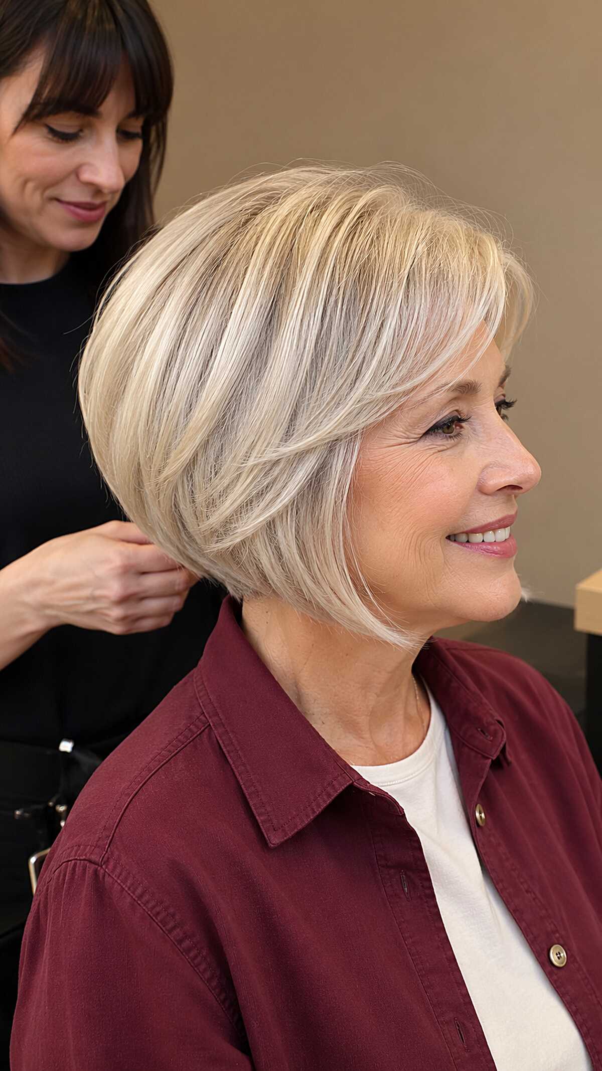 Creamy blonde layered angled bob with root shadow
