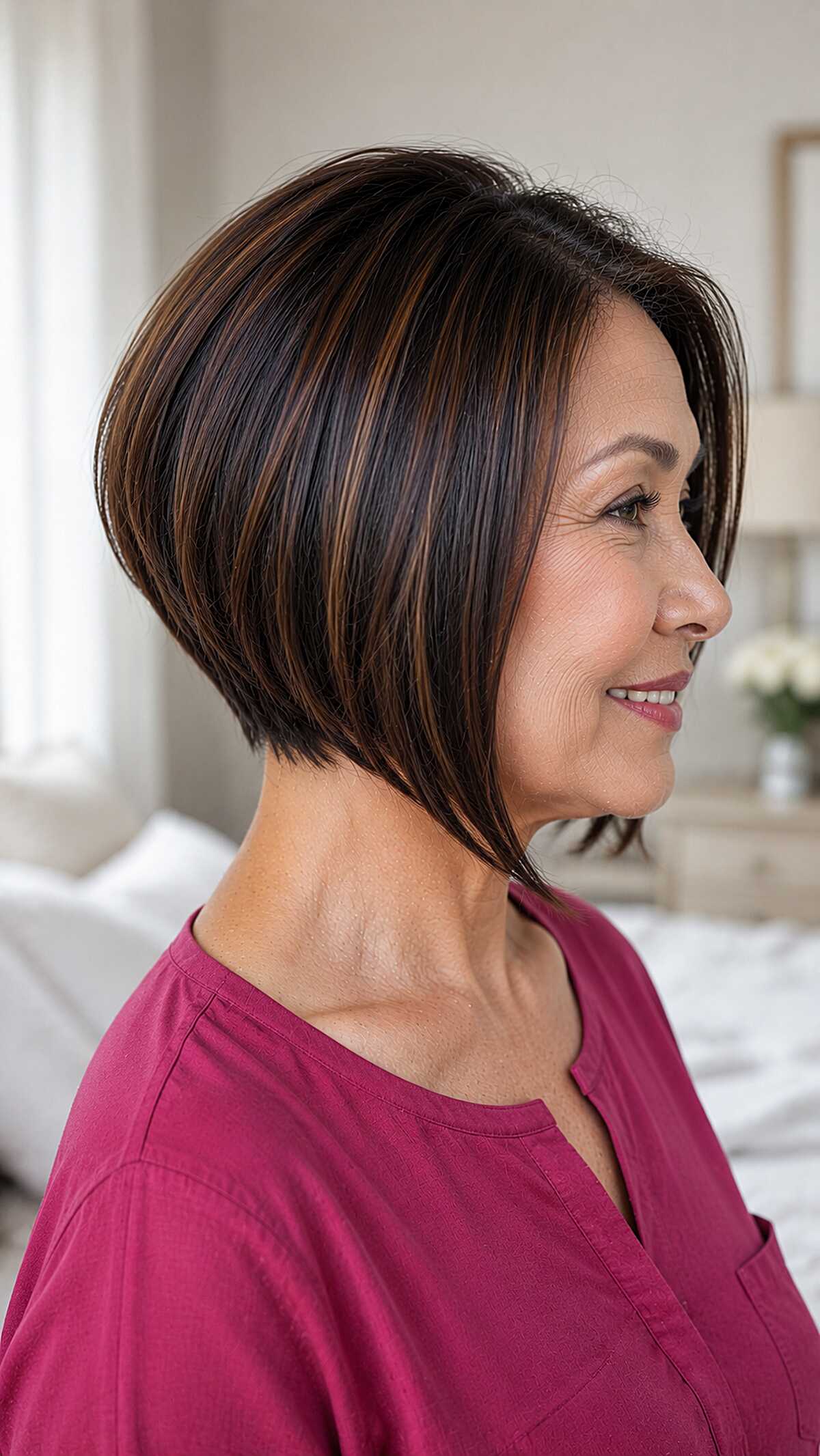 Dark chocolate angled bob with thin copper highlights