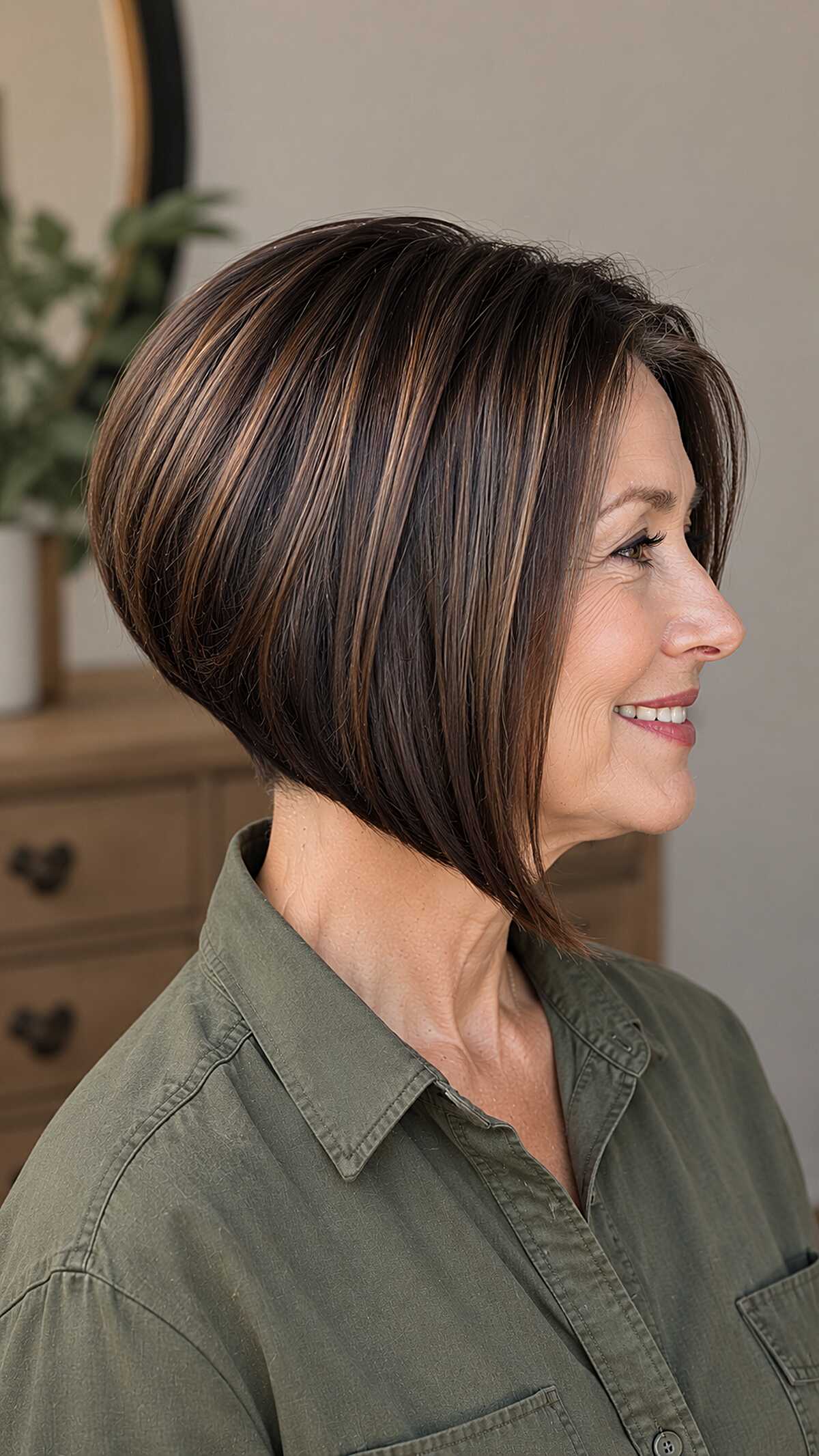 Dark chocolate stacked angled bob with toffee highlights