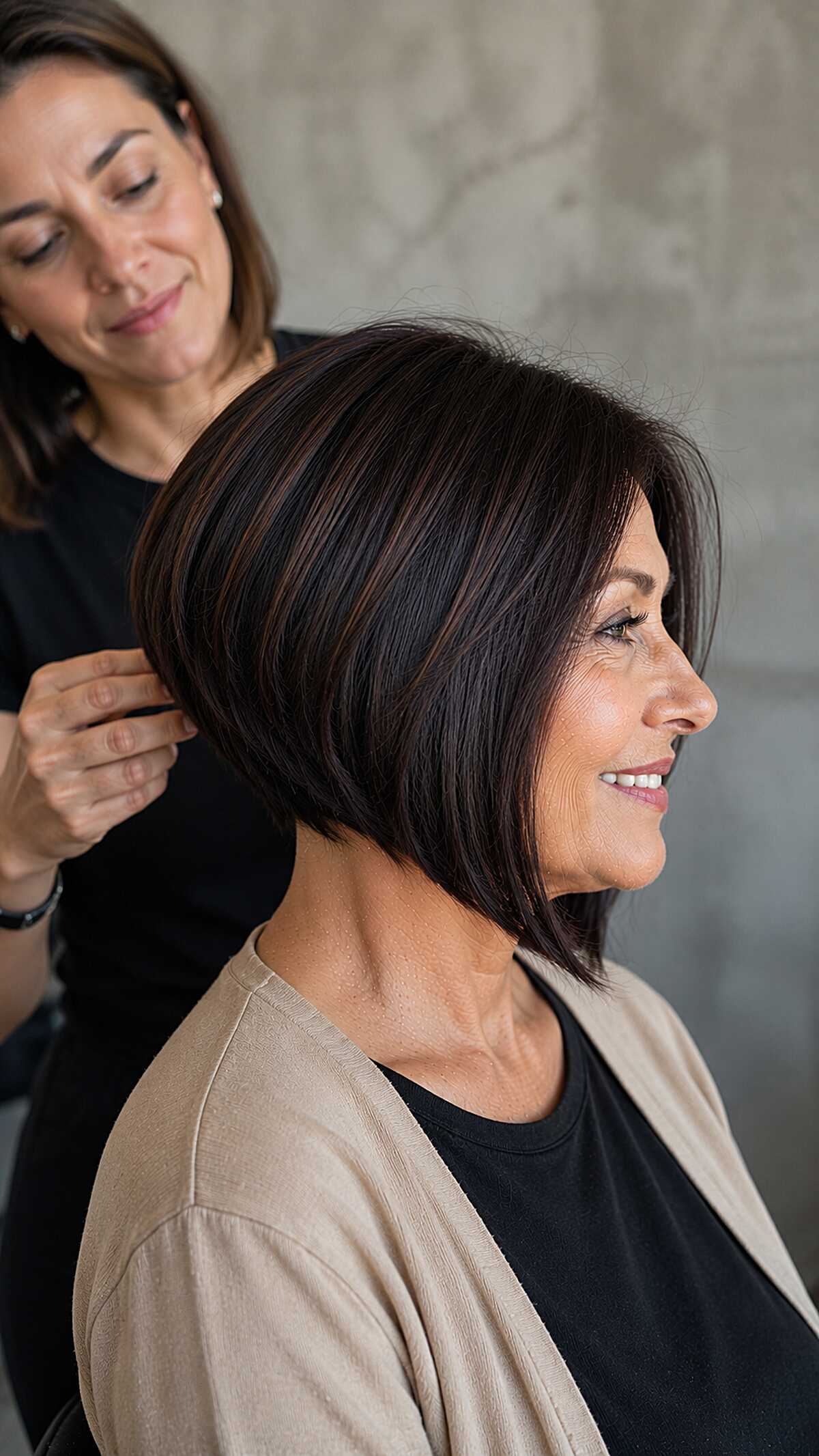 Deep brunette angled bob styled in salon setting