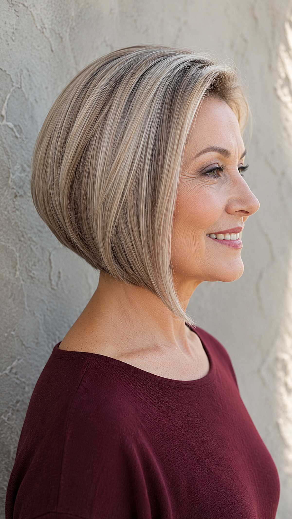 Ash blonde angled bob with dimensional lowlights
