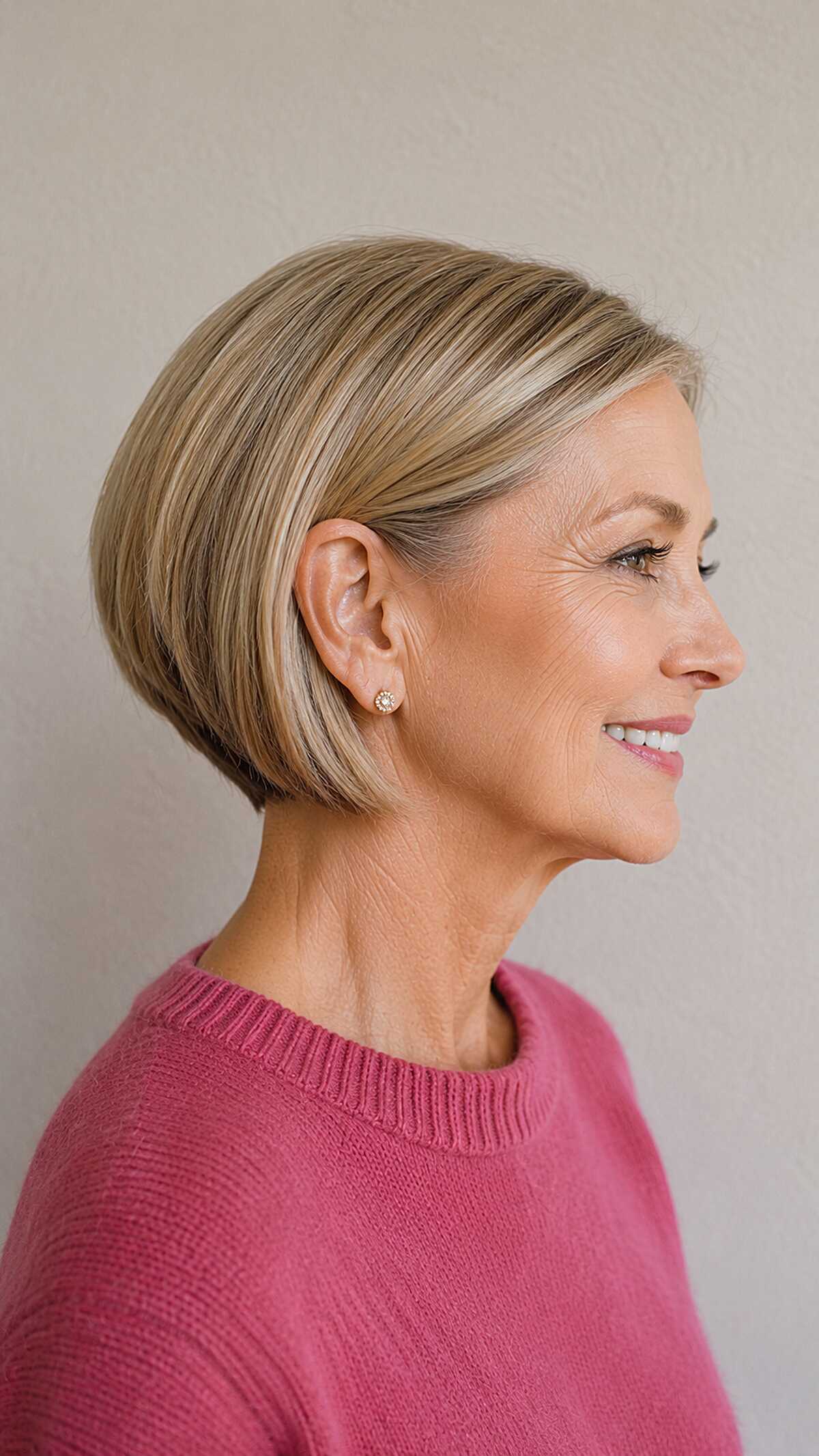 Ear-length dirty blonde angled bob tucked behind ear