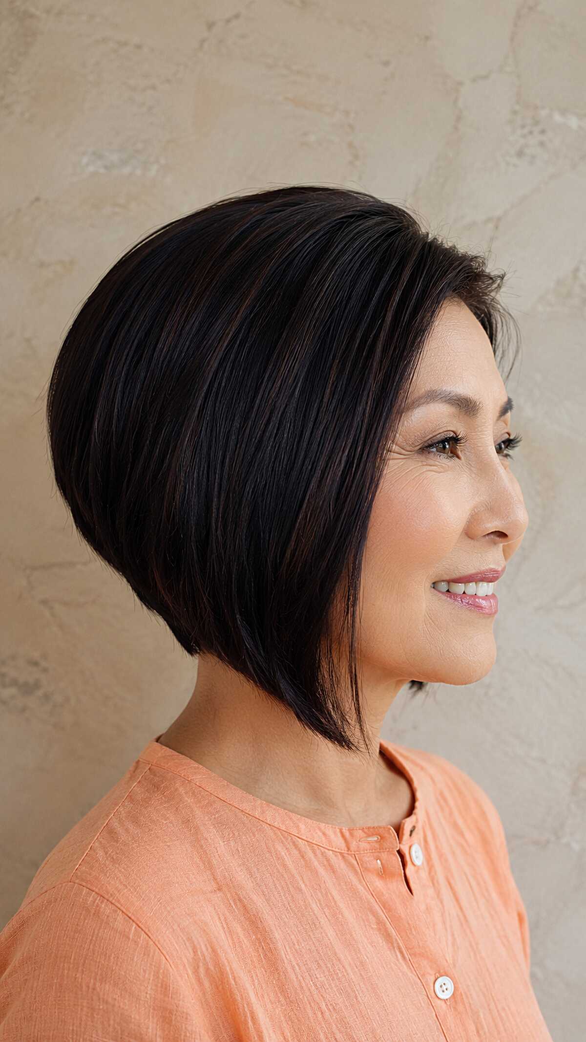 Glossy black angled bob with gentle graduation