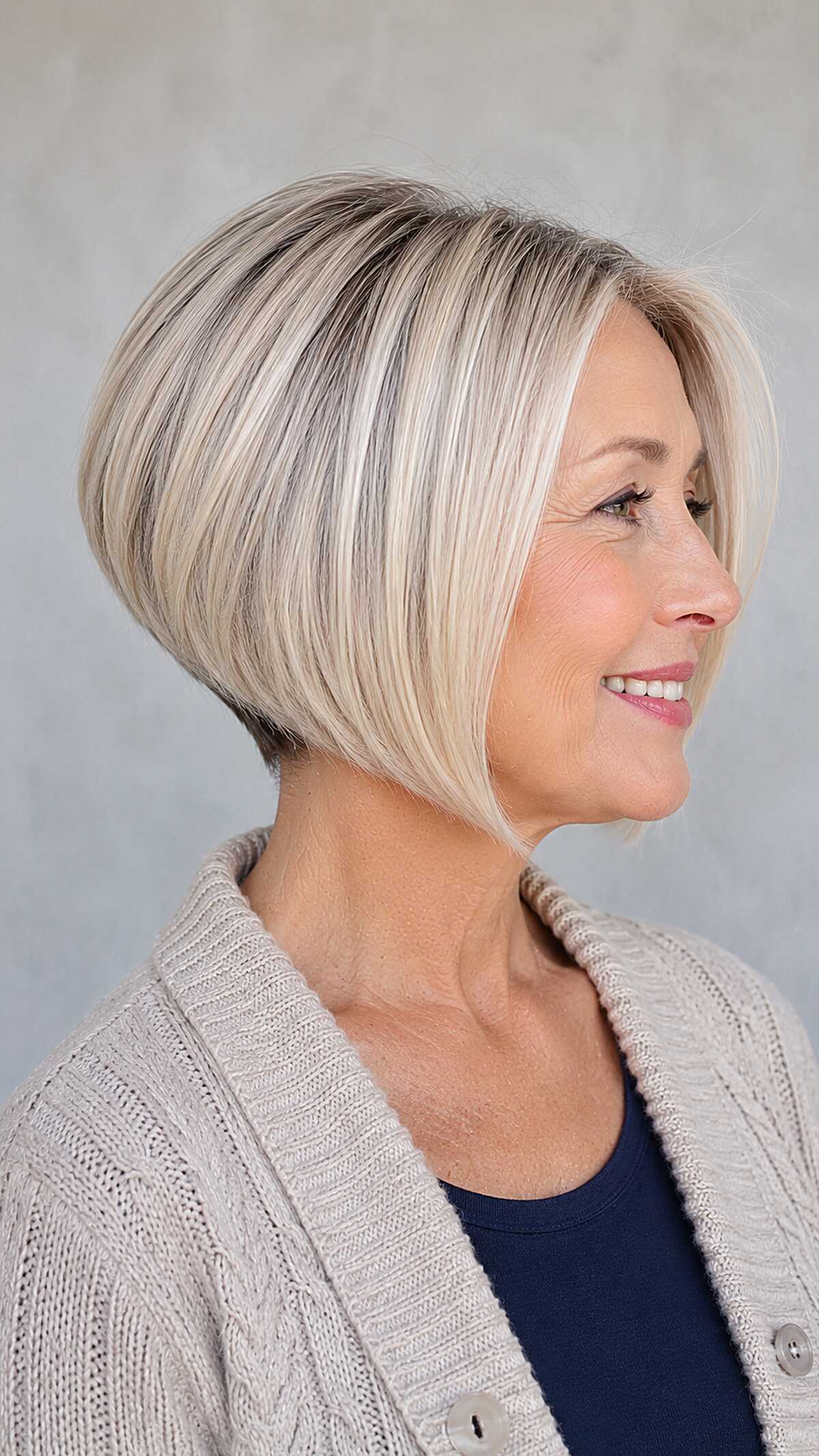 Icy blonde angled bob with smoky root melt