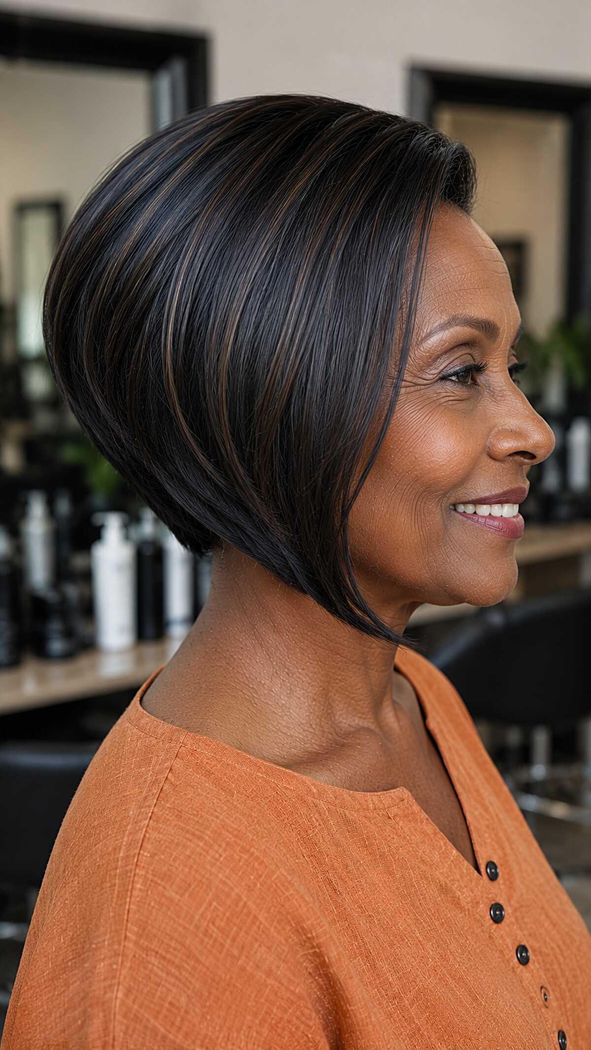 Jet black graduated angled bob with caramel glints