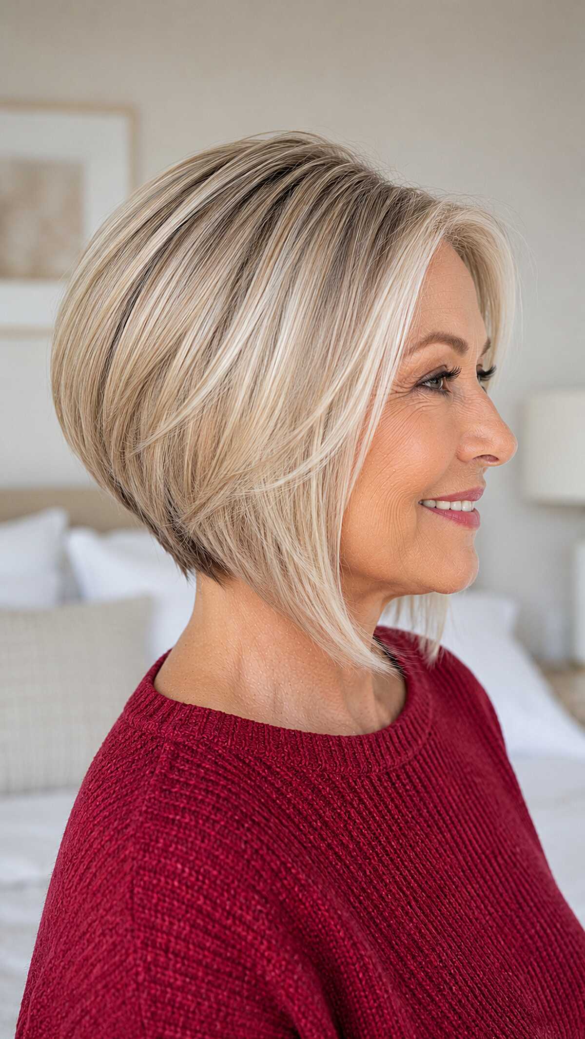 Platinum and ash blonde angled bob with root shadow