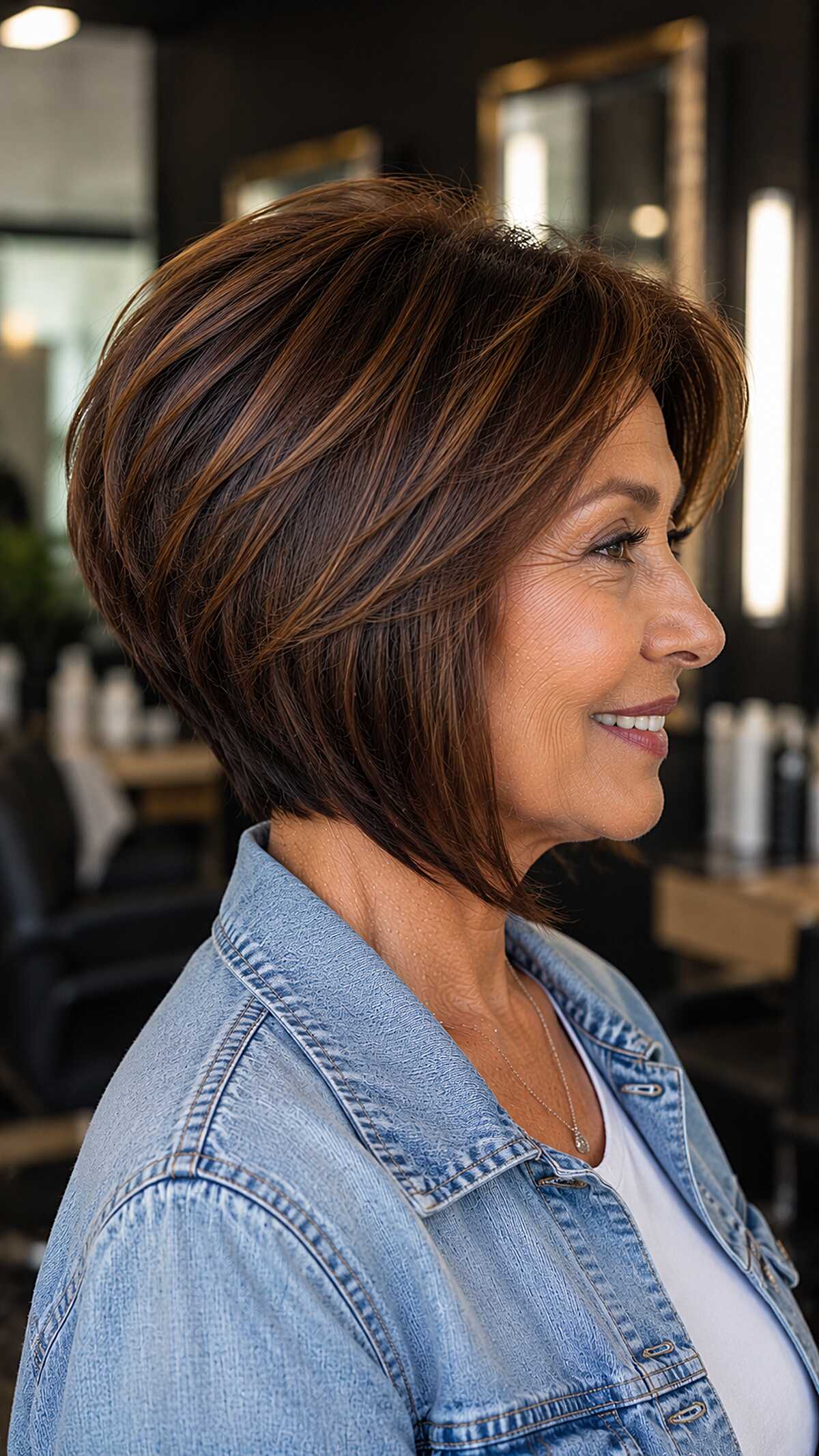 Rich auburn layered angled bob with crown volume