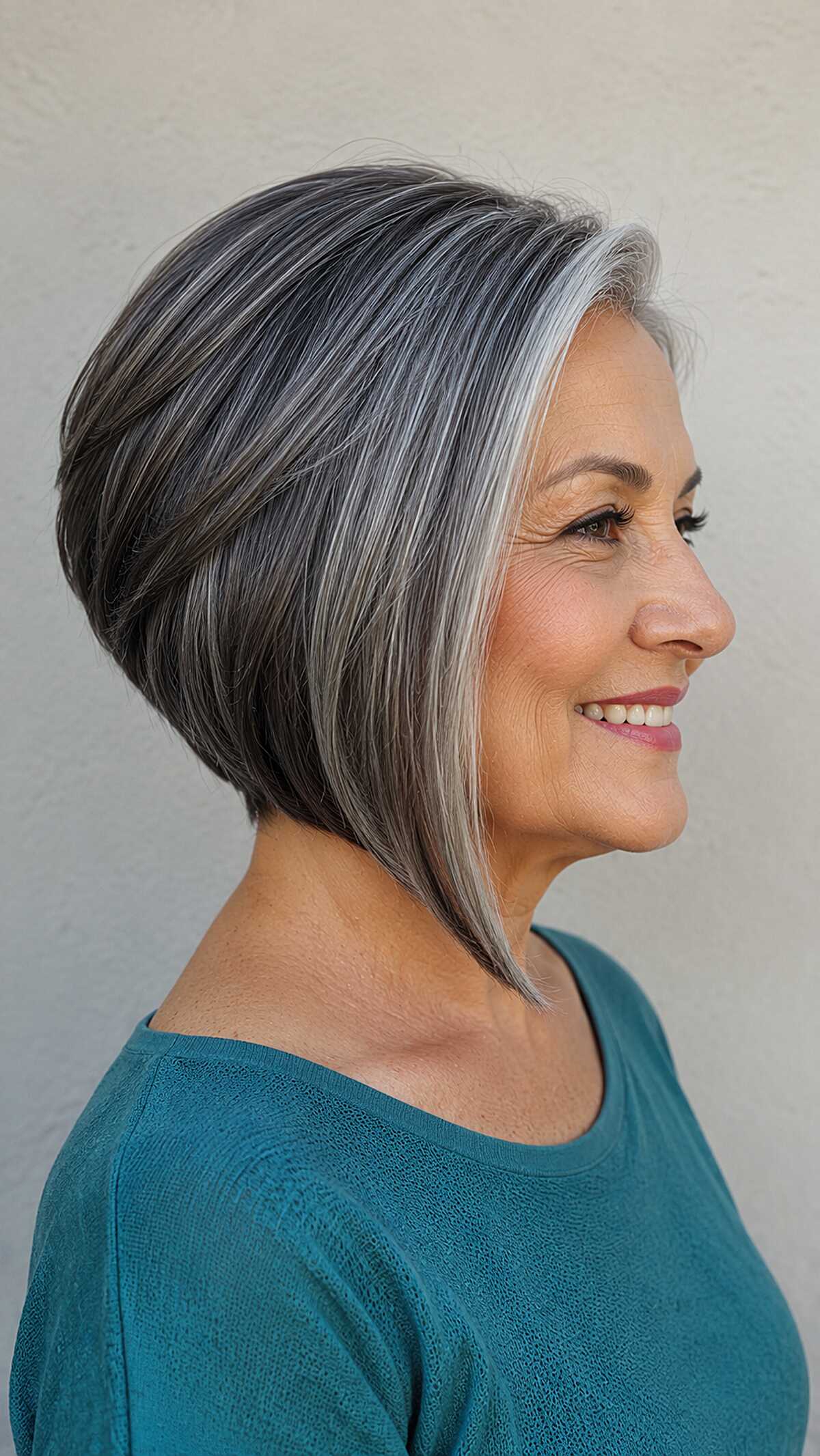 Salt and pepper angled bob with silver face framing