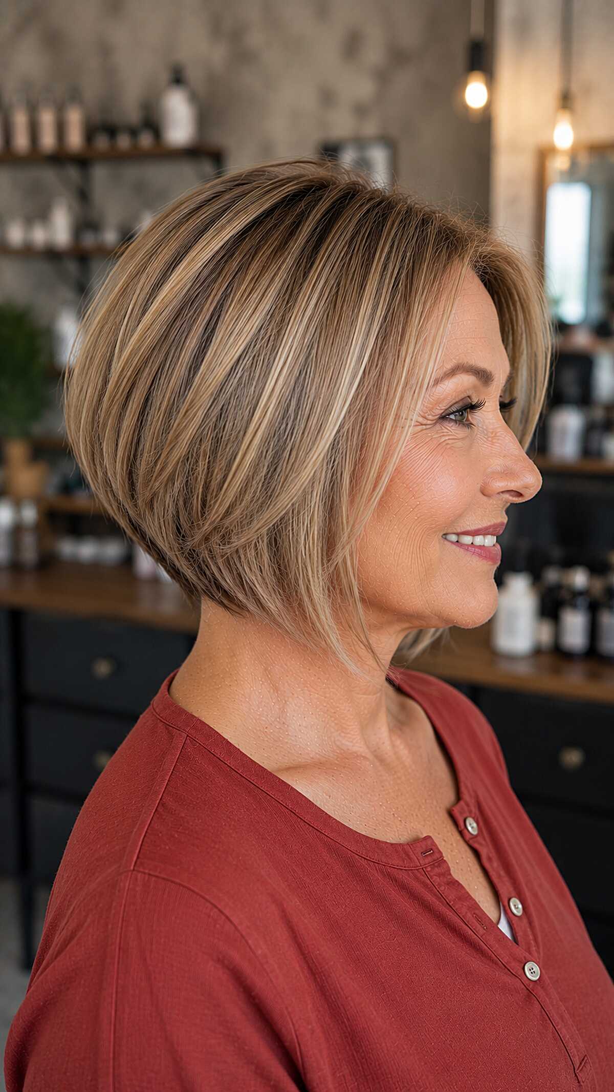 Sandy blonde angled bob with textured ends