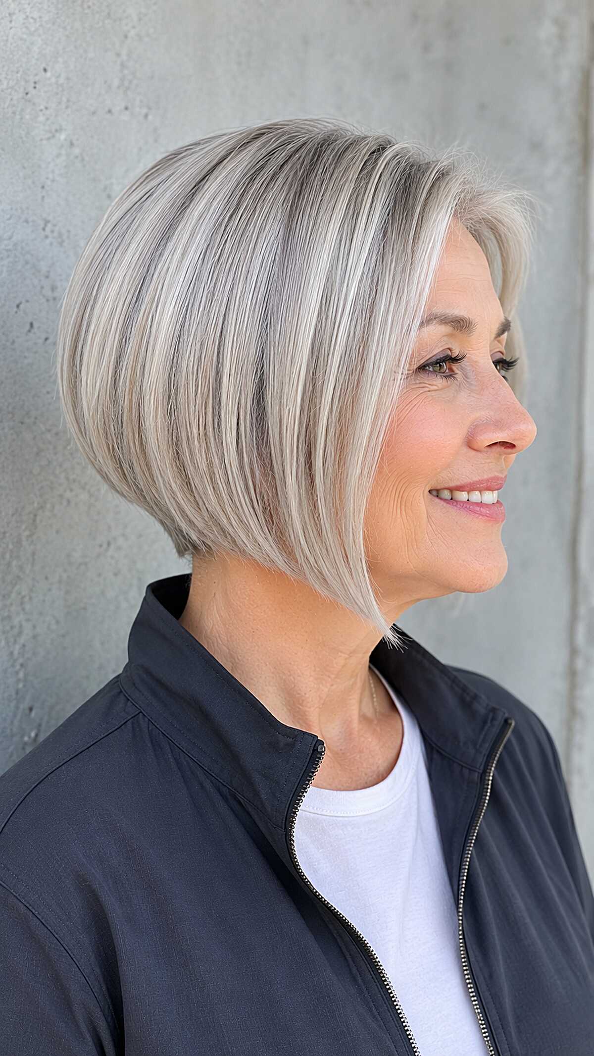 Silver blonde precision angled bob with clean lines