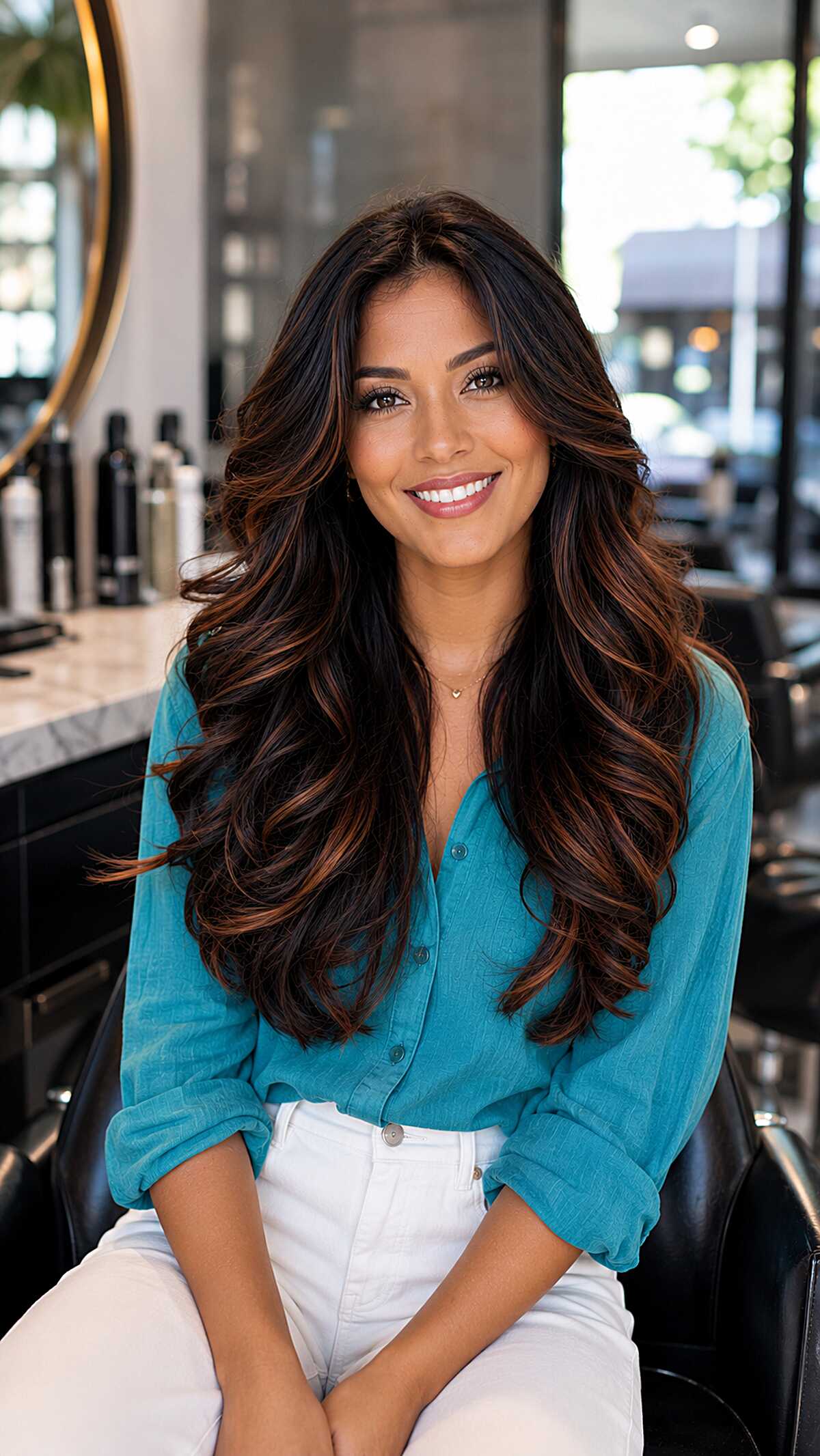 Long dark brunette waves with caramel balayage