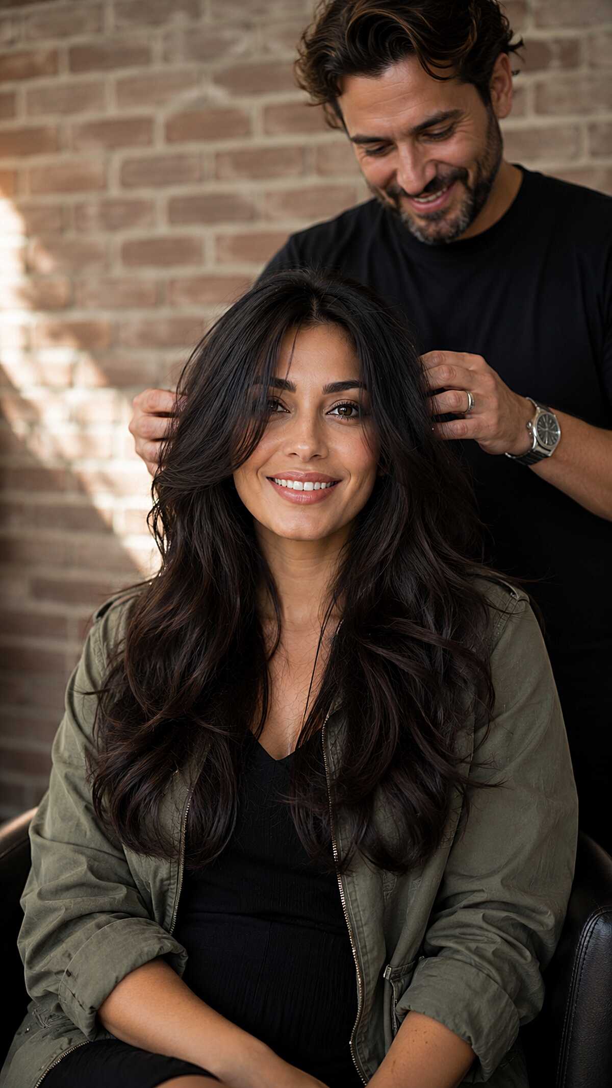 Long dark espresso hair with voluminous bouncy layers