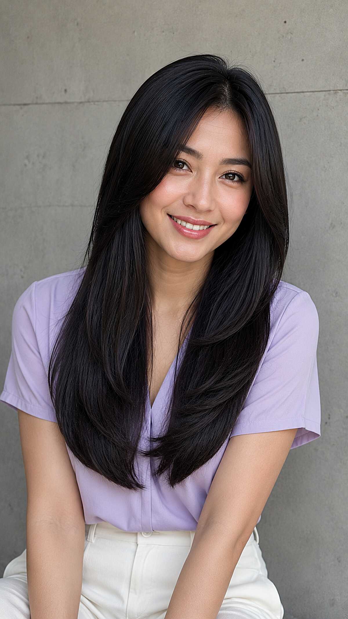 Long glossy black hair with inward-curved ends