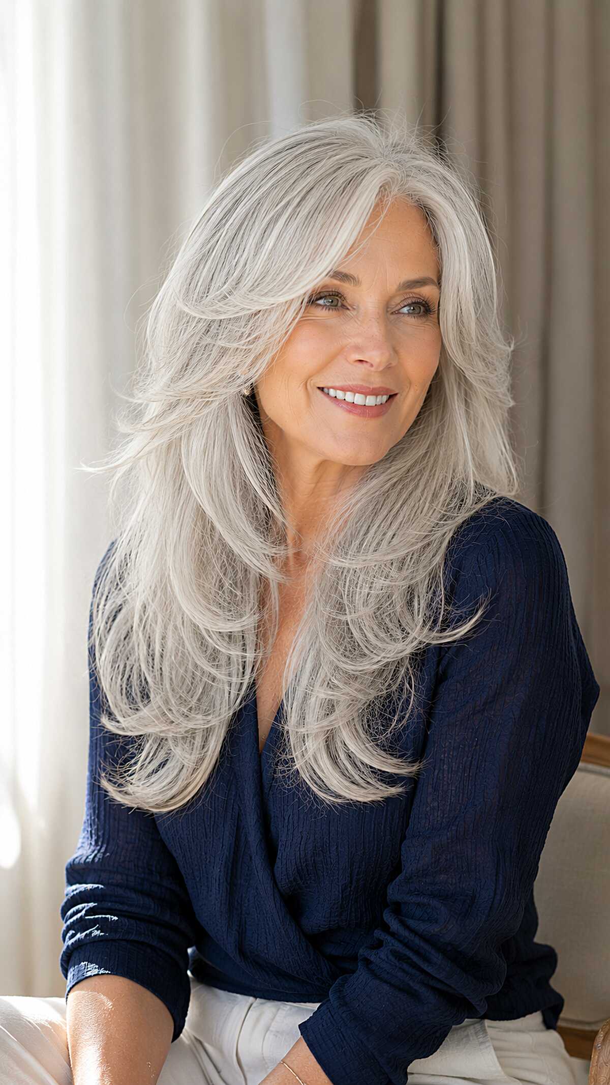 Long icy silver hair with layered side-swept styling