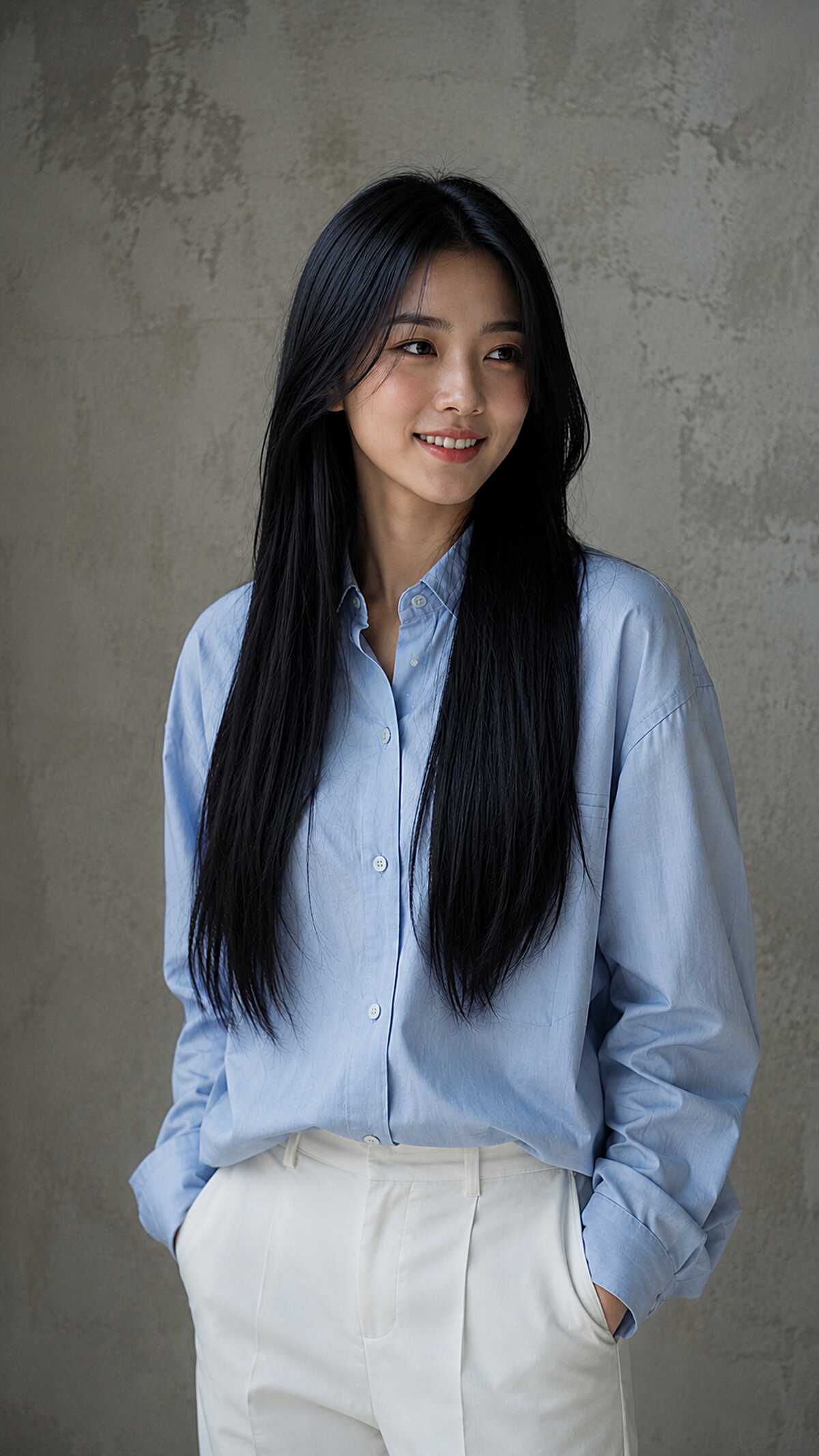 Jet black long straight hair with a soft side sweep