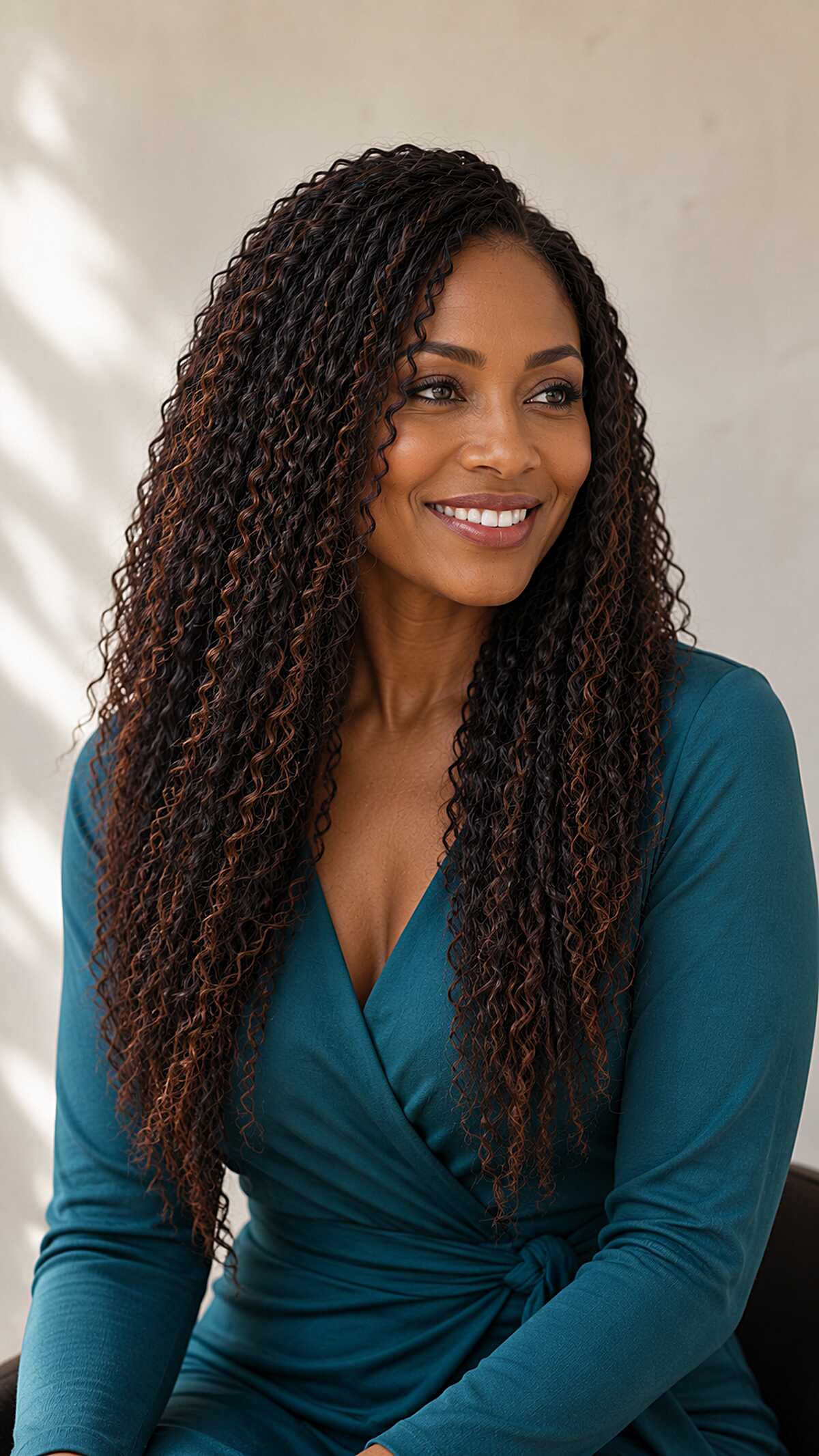 Long tight curly hair with warm ombré brown ends