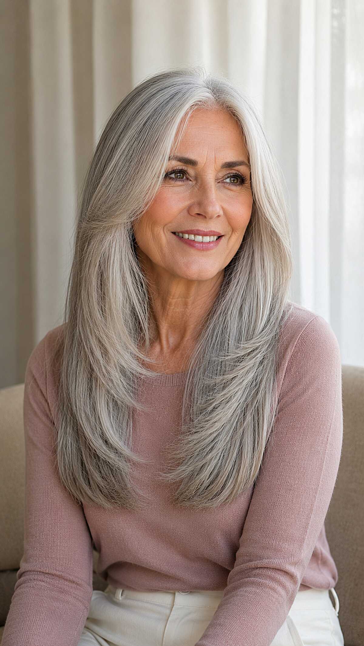 Long platinum silver hair with soft layered movement