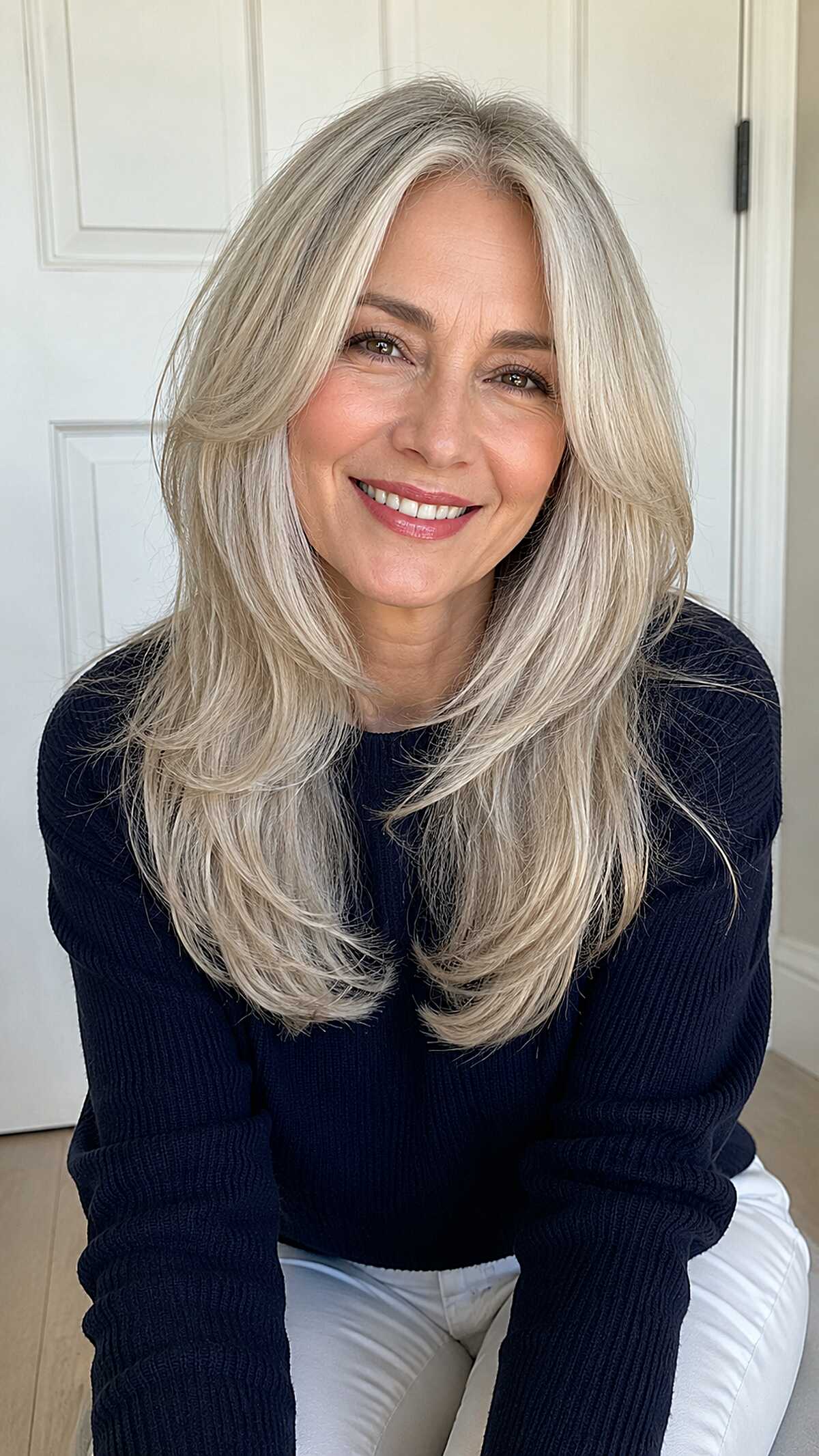 Long silver blonde hair with layered blowout styling