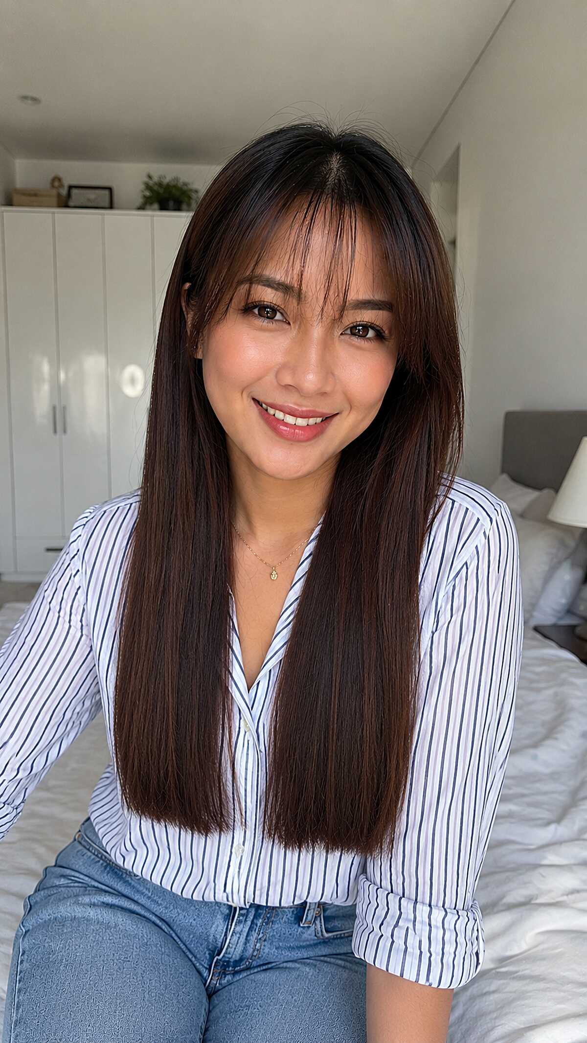 Long sleek straight brown hair with see-through bangs