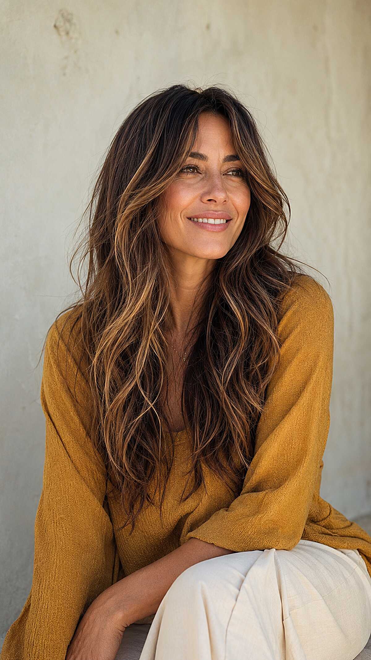 Long wavy brunette hair with sun-kissed highlights