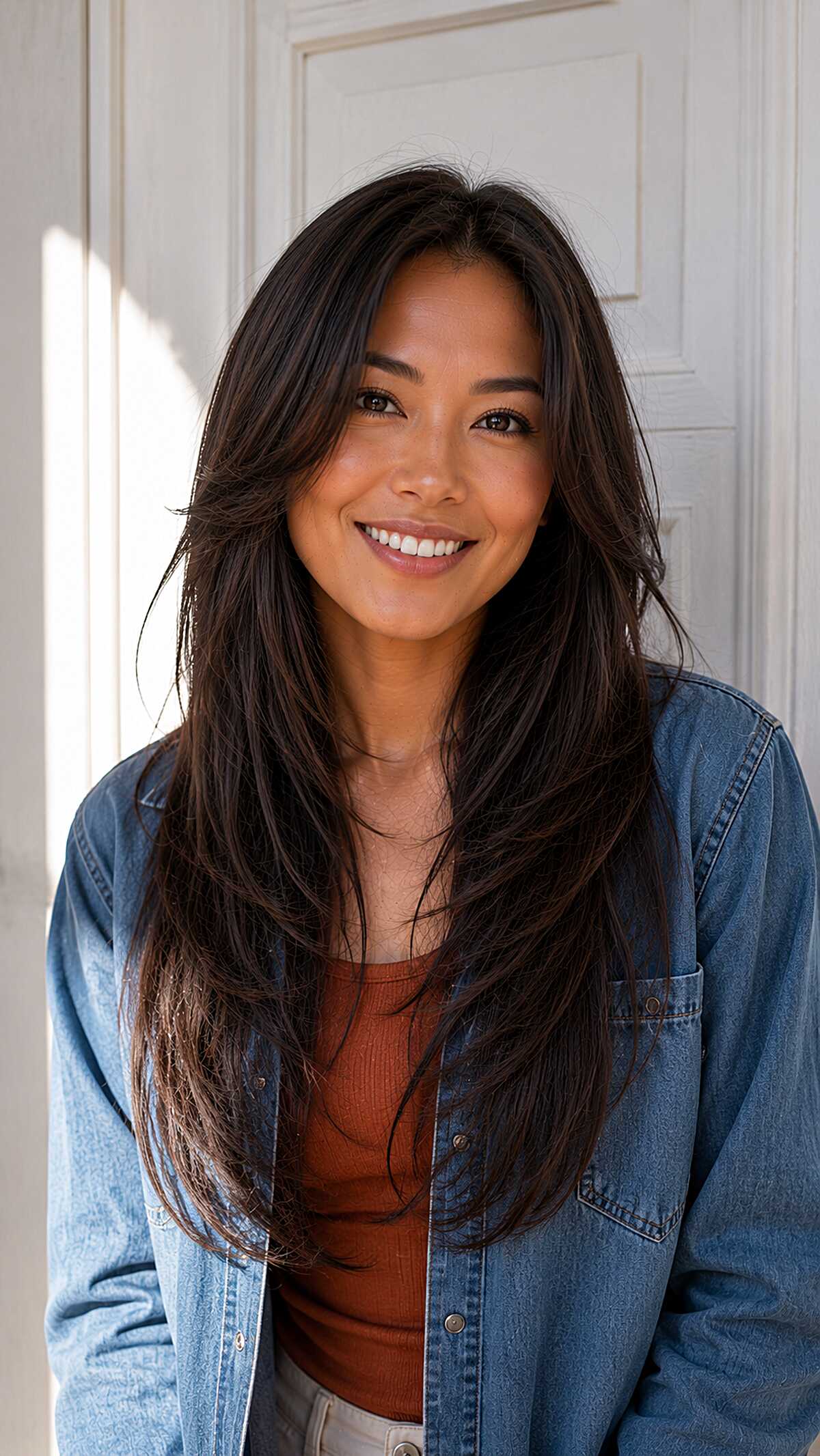 Long tousled dark brunette hair with textured ends